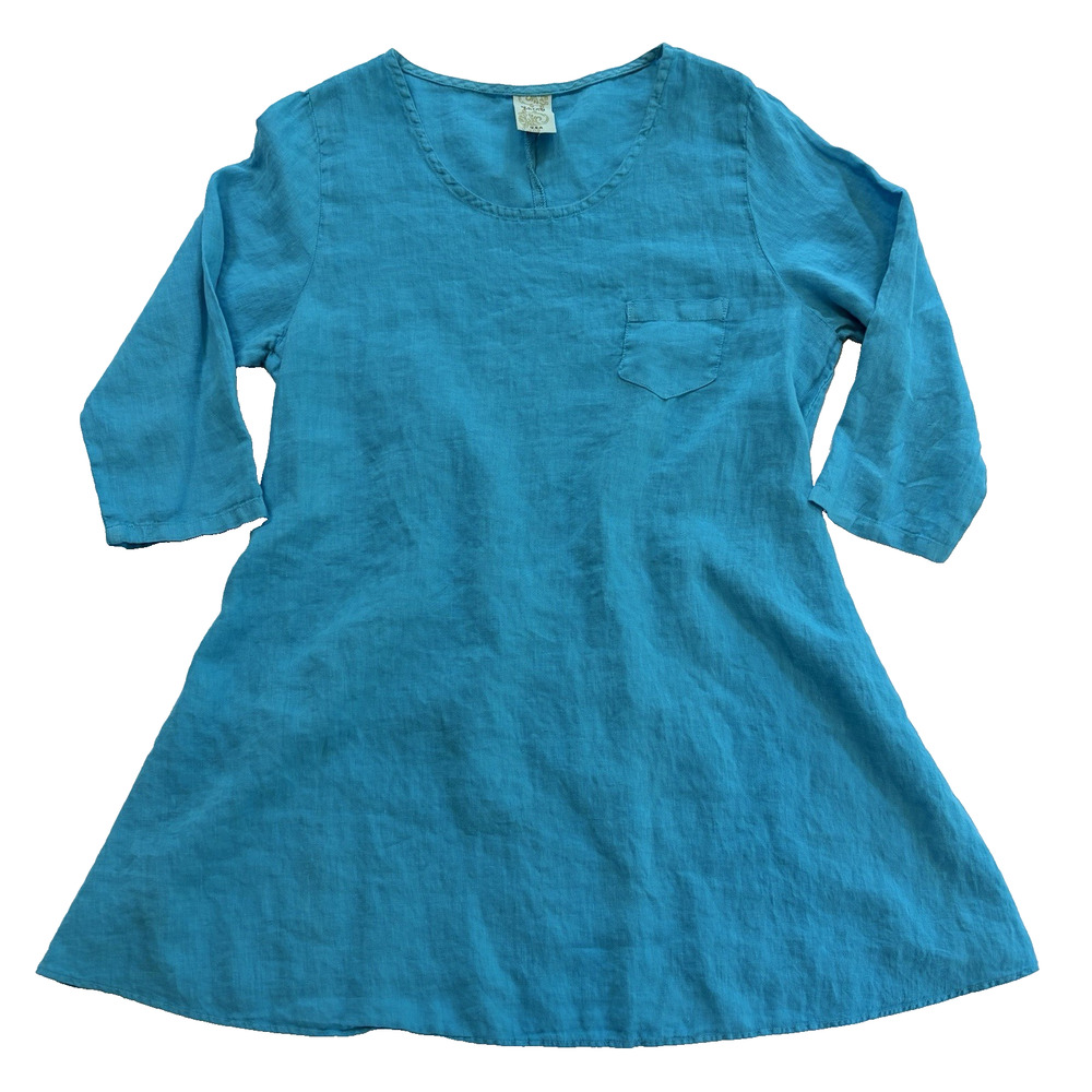Match Point 100% Linen Tunic Blue Turquoise Minimalist Dress Made in USA SZ LRG